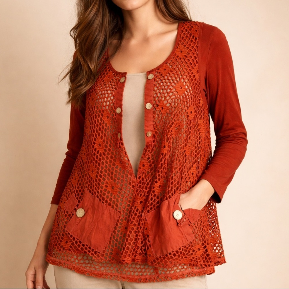 Multiples Rust Crochet Mesh Layered Tunic Top – Size Medium